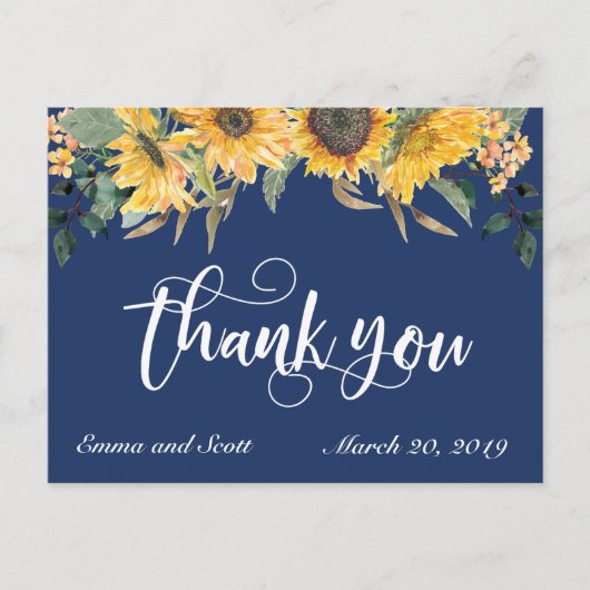 Carte Postale Merci de tournesol bleu marine Mariage Script (Devant)