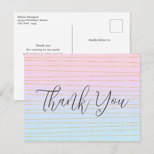 Carte Postale Merci Dégradé Pastel Bleu Rose avec Ligne Dorée (Devant / Derrière)