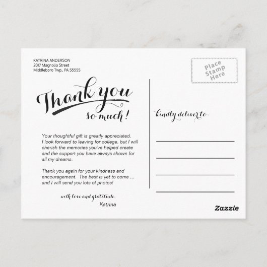 Carte Postale Merci d'études - photo manuscrite de script (Dos)