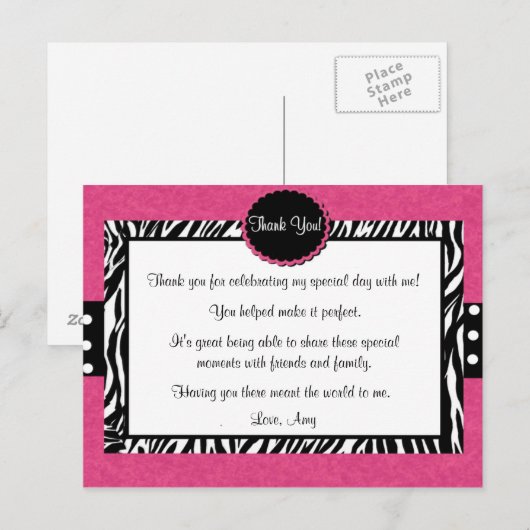 Carte postale Merci d'impression rose Zebra (Devant / Derrière)