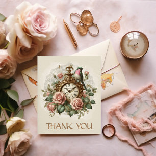 Carte Postale Merci Élégante Fleur Rose Horloge Antique Oiseau