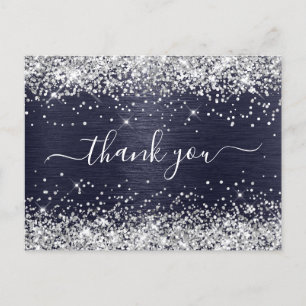 Carte Postale Merci Feuille de Papier Bleu Minuit Pailleté Argen