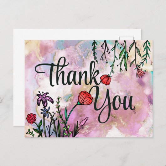 Carte Postale Merci Fleur Sauvage Mignonne Aquarelle Nuage Marbr (Devant / Derrière)