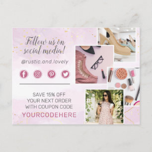 Carte Postale Merci Floral Antlers Rose Marbre Doré 4-Photos