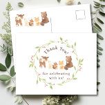 Carte Postale Merci forestier enchanté<br><div class="desc">Présentant notre charmante conception de baby showers animaux de bois, parfait pour célébrer l'arrivée de votre petit. Ce design rustique présente d'adorables animaux boisés, ajoutant une touche de nature à votre événement spécial. Les couleurs chaudes et accueillantes créent une atmosphère chaleureuse, donnant le ton d'une fête mémorable. Que vous soyez...</div>