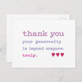 Carte Postale Merci. Générosité sans comparaison. Véritablement. (Devant / Derrière)