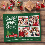 Carte Postale Merci Grateful Camion béni 4 Photo Vert<br><div class="desc">Script de calligraphie moderne Merci gracieux bienheureux 4 Photo Collage Carte postale de vacances inclut une aquarelle Vintage Camion rouge avec arbre de Noël. Arrière - plan vert forestier.</div>