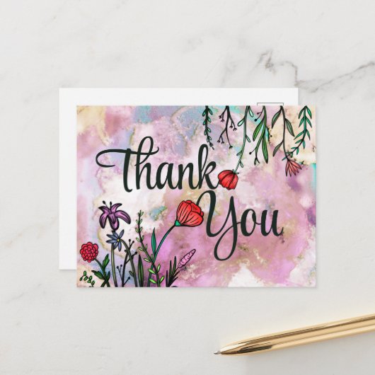 Carte Postale Merci jolie fleur sauvage aquarelle nuage marbré (Devant/Arrière en situation)