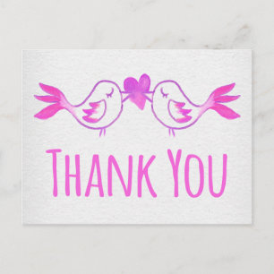 Carte Postale Merci les tourtereaux rose fuchsia aquarelle gris