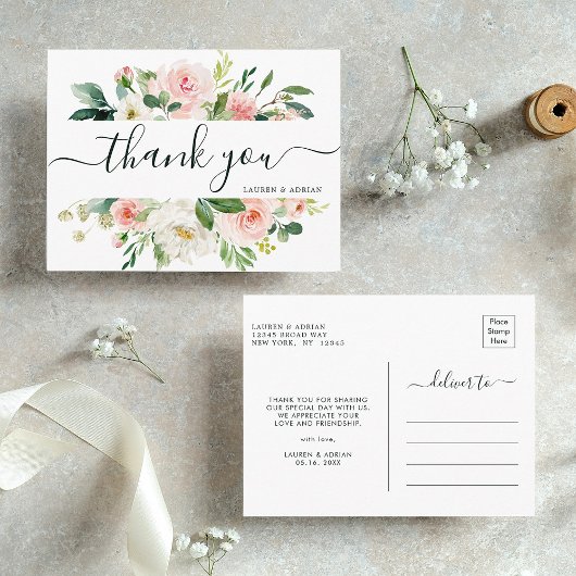 Carte Postale Merci Mariage à fleurs roses