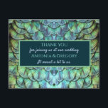 Carte postale Merci Mariage Aqua Vibrant Peacock<br><div class="desc">Une belle carte postale mariage vous remercie avec du texte entièrement customisé,  le tout écrit sur un magnifique ornement de plumes de paon aux couleurs vives. Un design original disponible exclusivement chez ©GardenEden online store.</div>