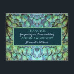 Carte postale Merci Mariage Aqua Vibrant Peacock<br><div class="desc">Une belle carte postale mariage vous remercie avec du texte entièrement customisé,  le tout écrit sur un magnifique ornement de plumes de paon aux couleurs vives. Un design original disponible exclusivement chez ©GardenEden online store.</div>