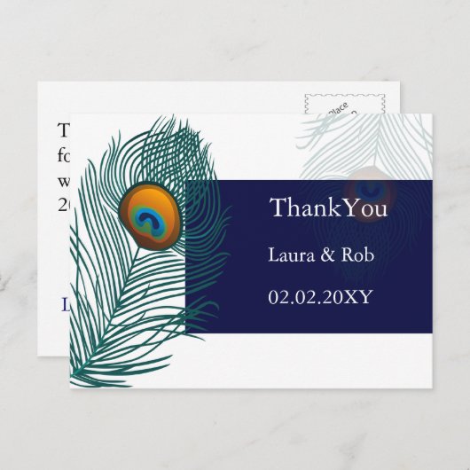 Carte Postale Merci mariage de paon bleu (Devant / Derrière)