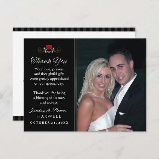 Carte Postale Merci Mariage de squelette pour Halloween noir et (Devant / Derrière)