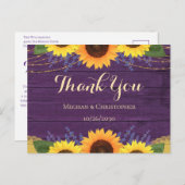 Carte Postale Merci Mariage de tournesol en bois violet rustique (Devant / Derrière)