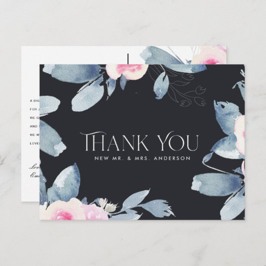 CARTE POSTALE MERCI MARIAGE EN COULEUR D'EAU ROSE NOIRE BLEU (Devant / Derrière)