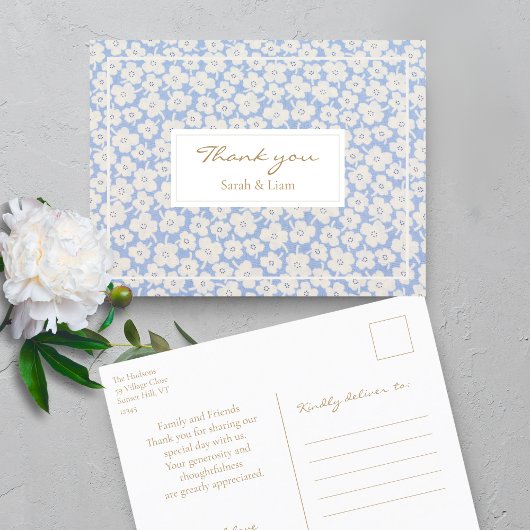 Carte Postale Merci Mariage Floral Blanc et Bleu