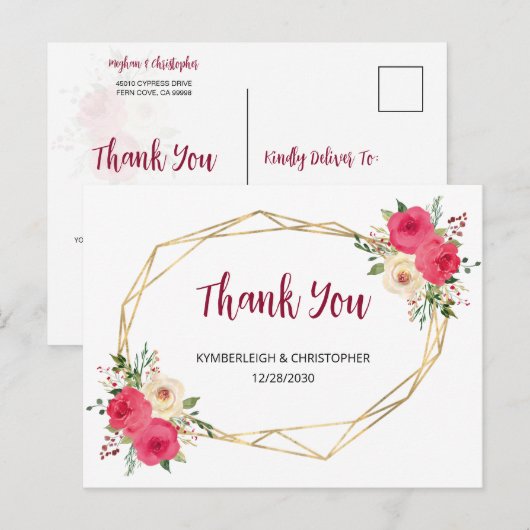 Carte Postale Merci Mariage floral de Boho bordeaux géométrique (Devant / Derrière)