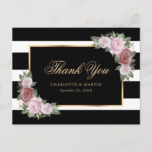 Carte Postale Merci Mariage floral noir blanc brillant (Devant)