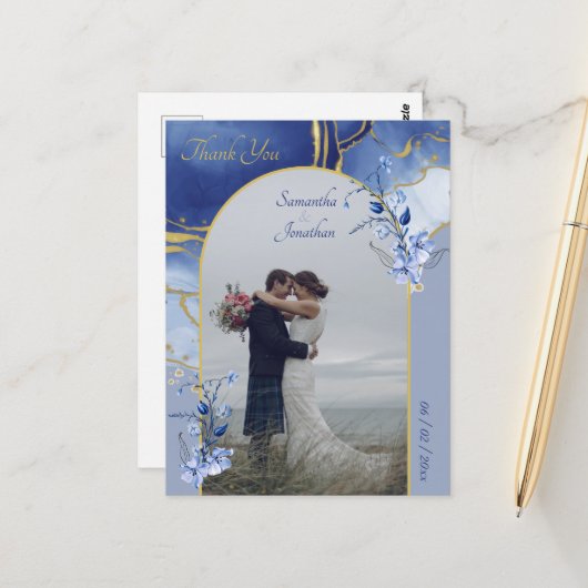 Carte Postale Merci Mariage moderne en marbre bleu Aqua (Devant/Arrière en situation)