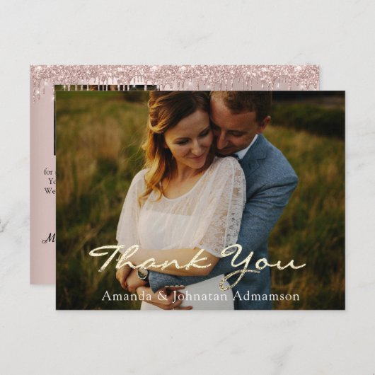 Carte Postale Merci Mariage Photo Gold Script Rose Drives (Devant / Derrière)