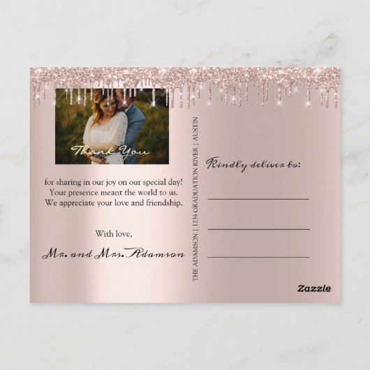 Carte Postale Merci Mariage Photo Gold Script Rose Drives (Dos)