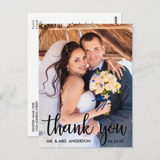 Carte Postale Merci Mariage Photo moderne Script noir (Devant / Derrière)