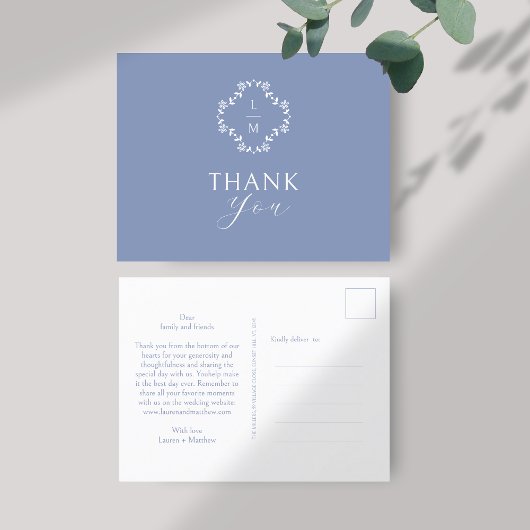 Carte postale Merci Monogramme bleu et blanc
