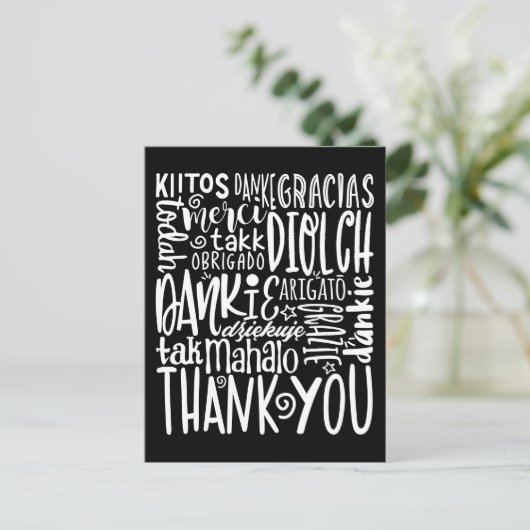 Carte Postale Merci Multi Langues Typographie Blanche Noir (Debout devant)