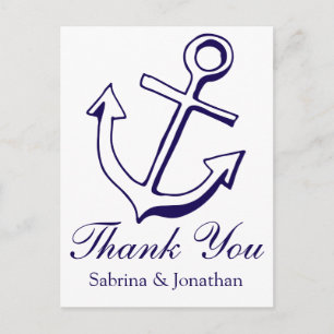 Carte Postale Merci Naulique Bateau Ancre Bleu Marine Mariage