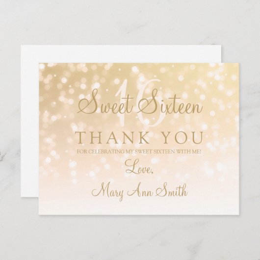 Carte Postale Merci Note Sweet 16 Gold Bokeh Sparkle Lights (Devant / Derrière)