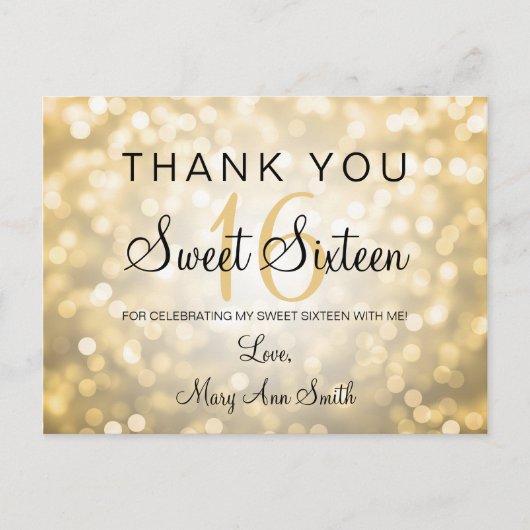 Carte Postale Merci Note Sweet 16 Gold Parties scintillant Lumiè (Devant)