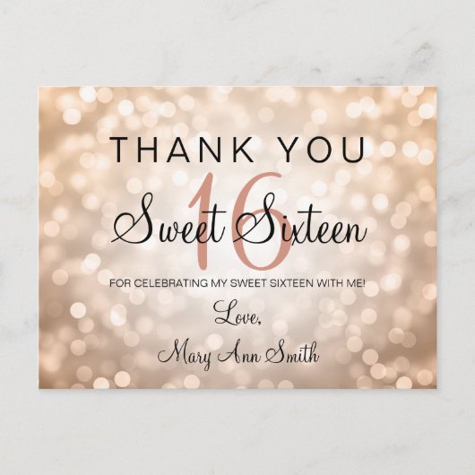 Carte Postale Merci Note Sweet 16 Rose Gold Parties scintillant  (Devant)