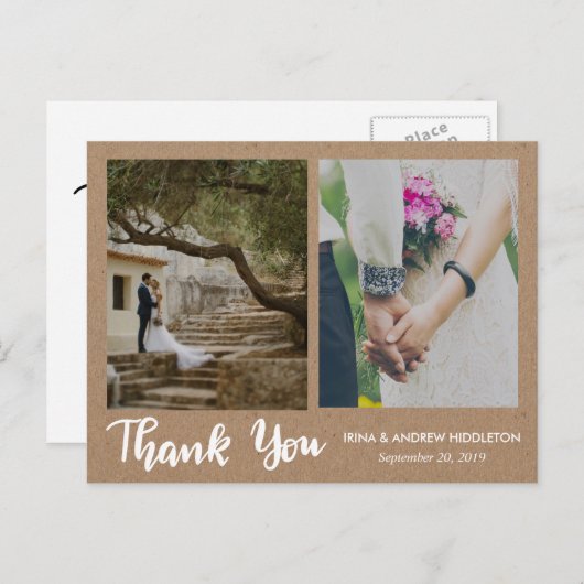 Carte Postale Merci papier Kraft Script Deux photos Mariages (Devant / Derrière)