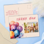 Carte Postale Merci photo Anniversaire de enfant de ballons colo<br><div class="desc">Carte postale Anniversaire de enfant de ballons colorés Merci photo. Carte postale Merci pour la fête d'anniversaire des enfants. Ce design est livré avec de beaux ballons de couleurs différentes dans l'aquarelle. Personnalisez la carte postale avec le nom de votre enfant,  message de remerciement et photo.</div>