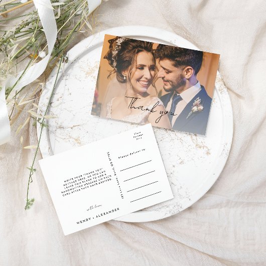 Carte Postale Merci photo de Mariage de script moderne blanc