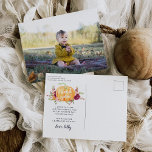 Carte Postale Merci photo du parti Anniversaire de enfant Citrou<br><div class="desc">Conçues pour répondre aux invitations à la fête d'anniversaire du Citrouille d'automne,  ces cartes postales de remerciement sont dotées d'une illustration rustique du citrouille aquarelle,  d'une photo et d'un message de remerciement pré-imprimé.</div>