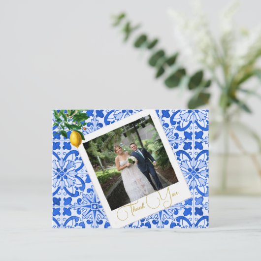 Carte Postale Merci Photo Mariage Citron Bleu Carrelage Élégant (Debout devant)