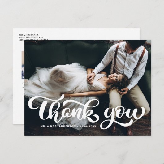 Carte Postale Merci photo Mariage de script retro en gras blanc (Devant / Derrière)