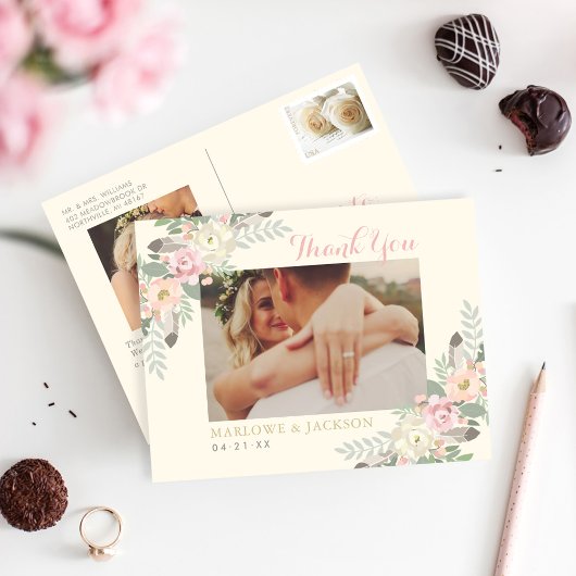 Carte Postale Merci photo Mariage ivoire et rose Boho Floral