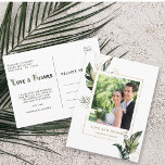 Carte Postale Merci photo Mariage Tropical Foliage Gold<br><div class="desc">Cette photo mariage vous remercie carte postale avec aquarelle vert feuillage tropical,  feuilles de palmiers,  feuilles de bananes aux accents faux or. Parfait pour les mariages,  anniversaires,  anniversaires,  diplômes et autres événements. >>> Découvrez la collection entière <<< https://www.zazzle.com/collections/tropical_foliage_gold_collection-119316977990783186</div>