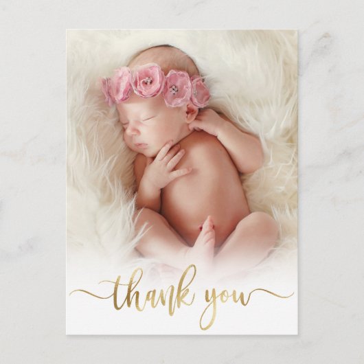 Carte Postale Merci photo pour bébé nouveau-né avec script or mo (Devant)