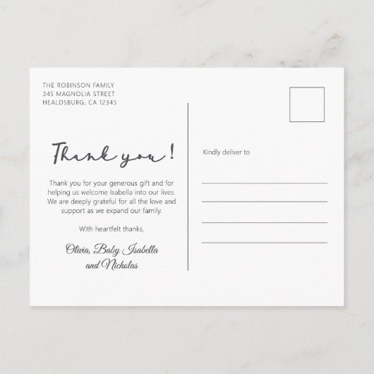 Carte Postale Merci photo simple Script Nouveau-né bébé (Dos)