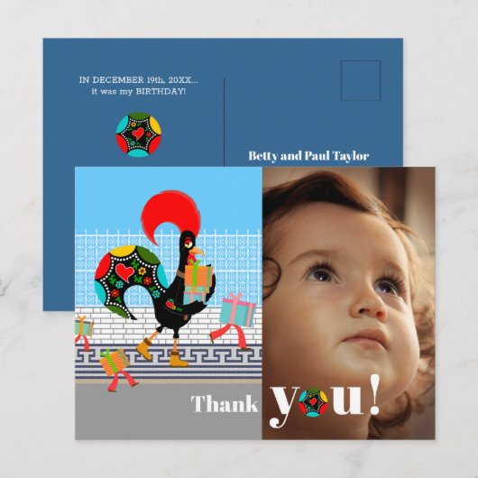 Carte Postale Merci pour la fête d'anniversaire Coq Portugais (Devant / Derrière)