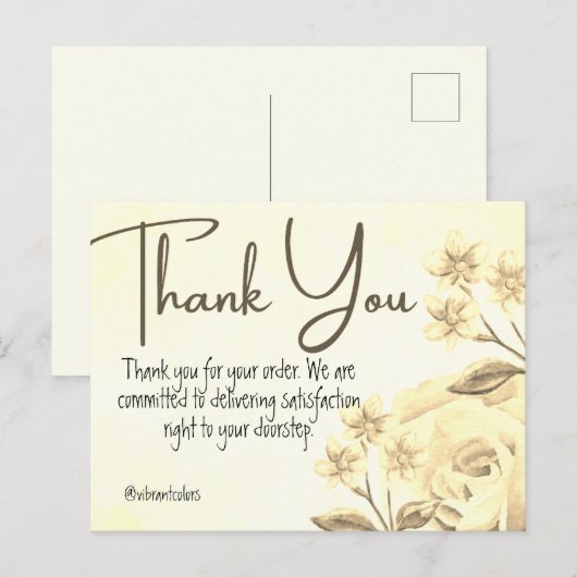 Carte Postale Merci pour l'achat de fleurs aquarelles jaunes (Devant / Derrière)