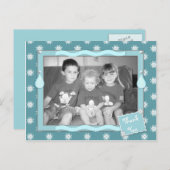 Carte Postale Merci pour les cadeaux de Noël bleu avec des floco (Devant / Derrière)