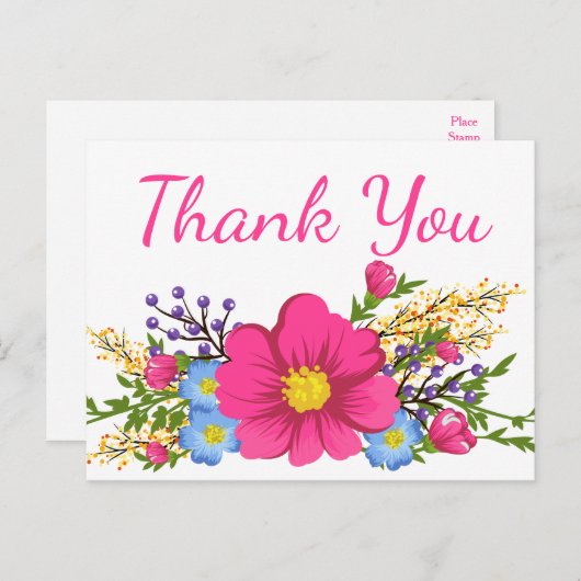 Carte Postale Merci rose Aquarelle Fleurs Mariage (Devant / Derrière)