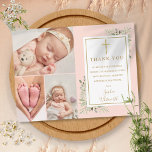 Carte Postale Merci rose pâle du baptême<br><div class="desc">Baptême signature or baptême baptême collage photo merci carte postale. Personnalisez avec vos 3 photos spéciales et baptême spécial,  christening message de remerciement en lettres d'or chic sur ce design moderne élégant rose roux. Conçu par Thisisnotme©</div>