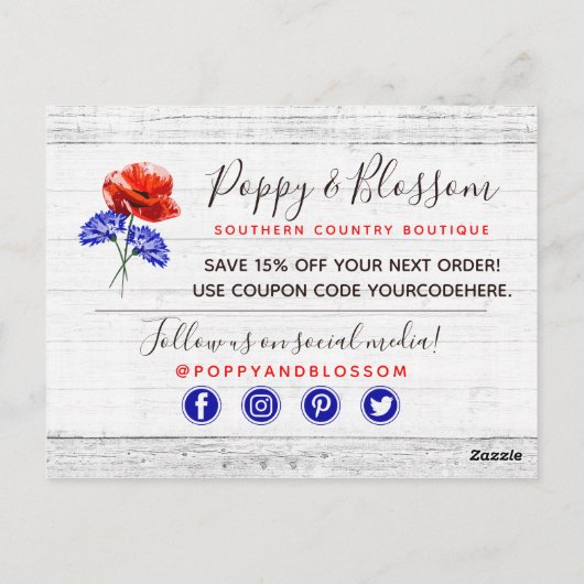 Carte Postale Merci Rouge Poppy & Cornflower Bois rustique (Dos)