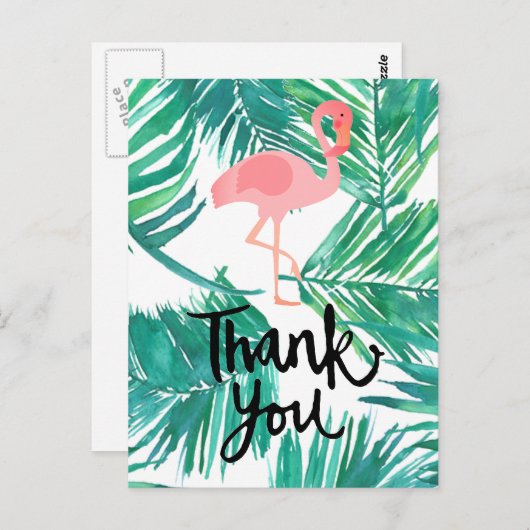 Carte Postale merci script flamingo palmiers tropicaux (Devant / Derrière)